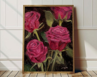 Moody Pink Roses Oil Painting Print - Giclee Art Print - Dark Academia Floral Art