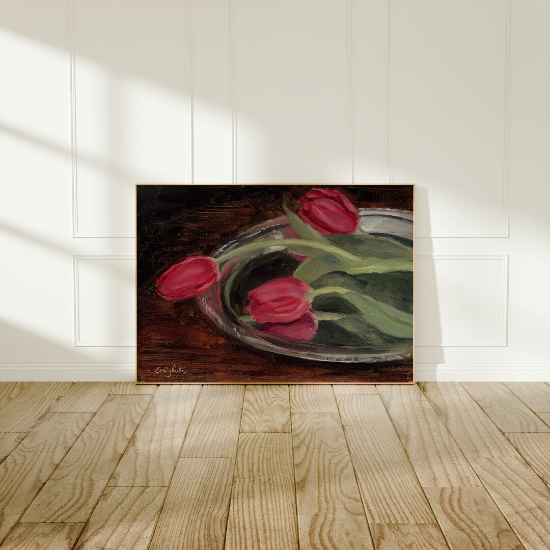Moody Tulip Still Life Oil Painting Print - Pink Tulips Art Print ...