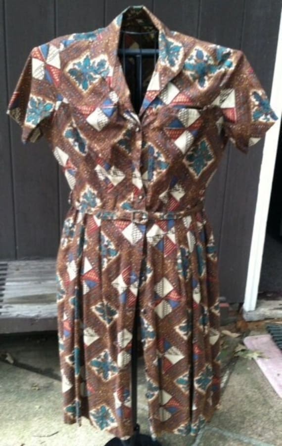 Retro 50's Belted Day Dress Brown and Turquoise Pr