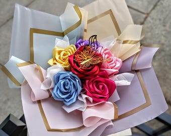 Handmade Satin Ribbon Rose Bouquet - Personalized Ramos Buchon - Glitter Eternal Flower Arrangement Gift