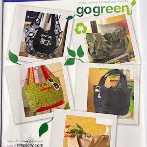 May include: Simplicity pattern featuring tote bags in various styles. The image shows bags with floral, camouflage, and cherry patterns. The text "go green" and a recycling symbol are also visible. The pattern number is 2597.