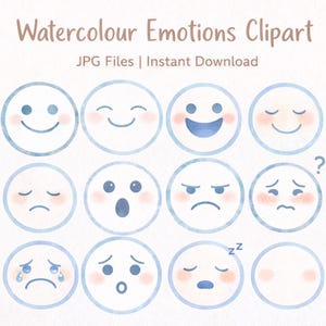 May include: A collection of twelve watercolour emoji faces, each depicting a different emotion. The emojis are circular with blue outlines and watercolour effects. The text "Watercolour Emotions Clipart" is at the top of the image.