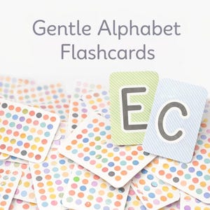 以下が含まれることがあります： カラフルな水玉模様のアルファベットフラッシュカード。2枚のカードには文字「E」と「C」が表示されています。「Gentle Alphabet Flashcards」の文字が見えます。柔らかく、親しみやすいデザインのカードです。