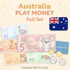 Australia Play Money Printable for Kids | Australian Dollar Bills & Coins | Pretend Play Money Set | Montessori Math Learning