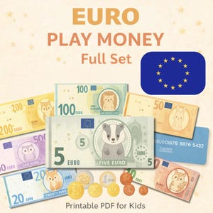 Soldi finti in euro stampabili – Banconote, monete e carte con animali della foresta | Set per giochi di ruolo e apprendimento della matematica