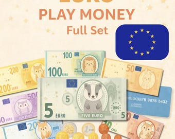 Monedas de juguete imprimibles de euros: billetes, monedas y tarjetas de animales del bosque | Juego de simulación y aprendizaje de matemáticas