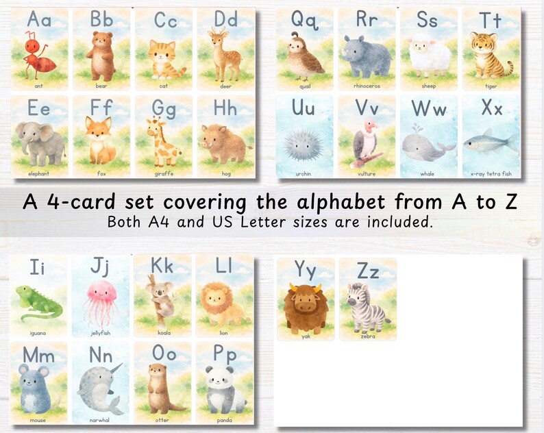Watercolor Alphabet Flashcards A–Z | Animal ABC Cards for Kids ...