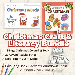 Christmas Craft and Literacy Bundle | Printable Colouring Book + Advent Countdown Chain for Kids | Preschool Activity Pack