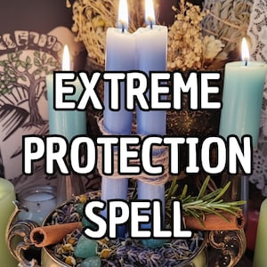 May include: A collection of lit candles in blue and green hues, with the text "EXTREME PROTECTION SPELL" in white. The candles are surrounded by herbs, spices, and a decorative bowl, creating a mystical atmosphere.