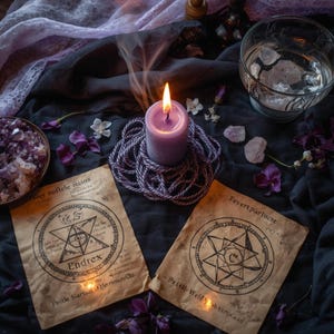 May include: A still-life arrangement featuring a lit purple candle on a rope coaster, two aged parchment papers with circular illustrations and text, and a bowl of crystals. The scene is decorated with purple flowers and crystals, with a glass of water in the background.