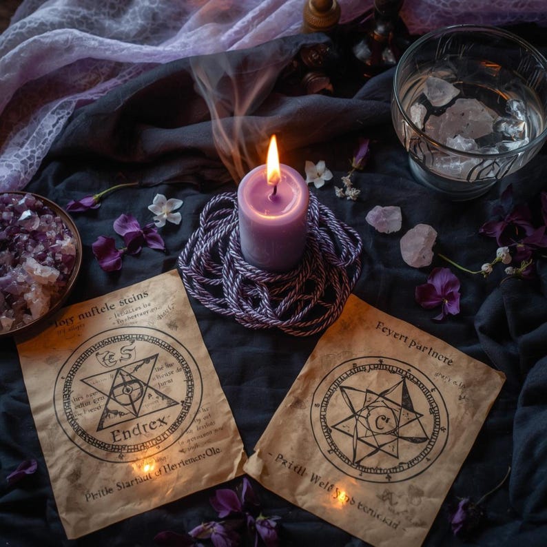 May include: A still-life arrangement featuring a lit purple candle on a rope coaster, two aged parchment papers with circular illustrations and text, and a bowl of crystals. The scene is decorated with purple flowers and crystals, with a glass of water in the background.