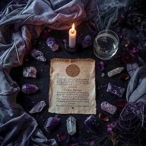 May include: A mystical arrangement featuring a lit candle, amethyst crystals, a glass of water, and a parchment with text. The scene is set on a dark surface with draped fabric and dried petals, creating a spiritual ambiance.