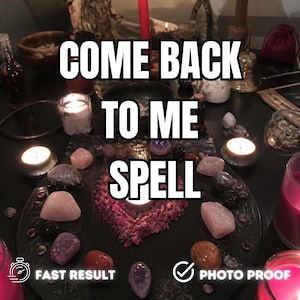 May include: A circular black stone tray holds a heart-shaped arrangement of dried pink rose petals surrounded by various polished crystals, including rose quartz and amethyst, with lit candles and the text COME BACK TO ME SPELL.
