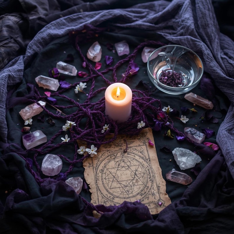 May include: A lit white candle surrounded by purple rope, crystals, and a vintage parchment with a star diagram. The arrangement includes a glass bowl and scattered flowers, all on a dark surface.