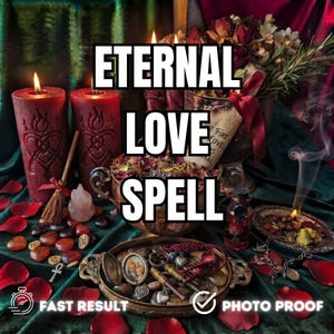 May include: Two red pillar candles with heart carvings, a copper bowl filled with dried botanicals, a small bottle, a metal tray containing vintage keys and a locket, scattered red petals, and a small broom, with text reading ETERNAL LOVE SPELL.