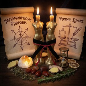 Pu&ograve; includere: Due candele dorate a forma di torso con fiamme, legate con un nastro nero. Le candele sono affiancate da pergamene con testo e illustrazioni, insieme a cristalli, erbe e una clessidra. Il testo sui rotoli recita "Metamorphosis Corporis" e "Pondus Levare".