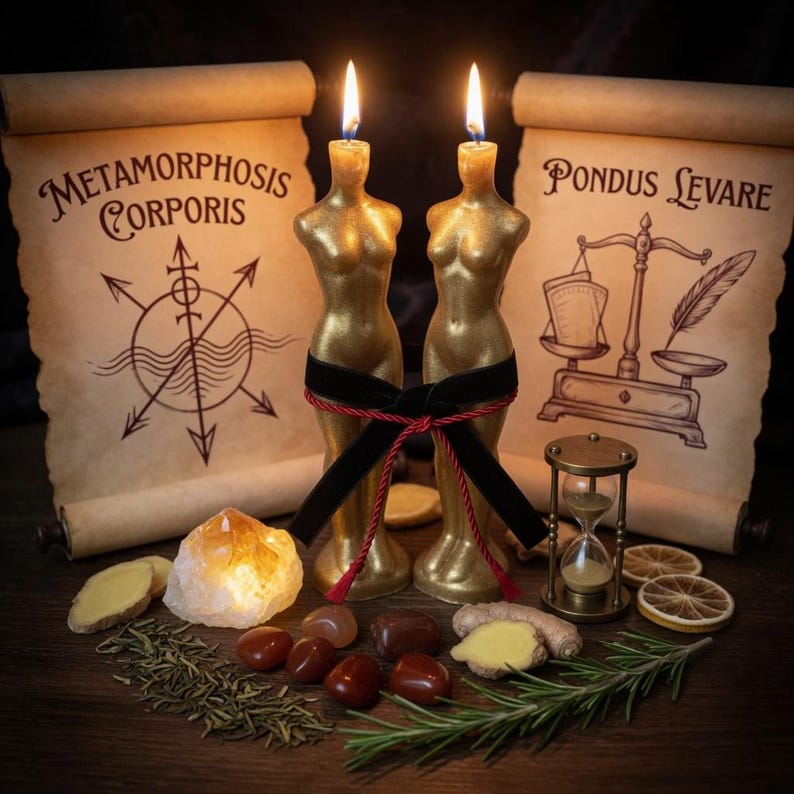 Pu&ograve; includere: Due candele dorate a forma di torso con fiamme, legate con un nastro nero. Le candele sono affiancate da pergamene con testo e illustrazioni, insieme a cristalli, erbe e una clessidra. Il testo sui rotoli recita "Metamorphosis Corporis" e "Pondus Levare".