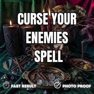 May include: A collection of ritual items including two black pillar candles with carved symbols, a brass bowl filled with rusted iron keys and stone runes, scattered metal nails, dried herbs, and incense smoke. Text reads: CURSE YOUR ENEMIES SPELL.