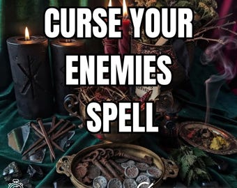 May include: A collection of ritual items including two black pillar candles with carved symbols, a brass bowl filled with rusted iron keys and stone runes, scattered metal nails, dried herbs, and incense smoke. Text reads: CURSE YOUR ENEMIES SPELL.