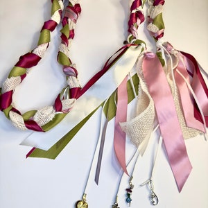 Handfasting Cord for Wedding Ceremony - Pink, Cream and Green Ribbon Braid with Charms