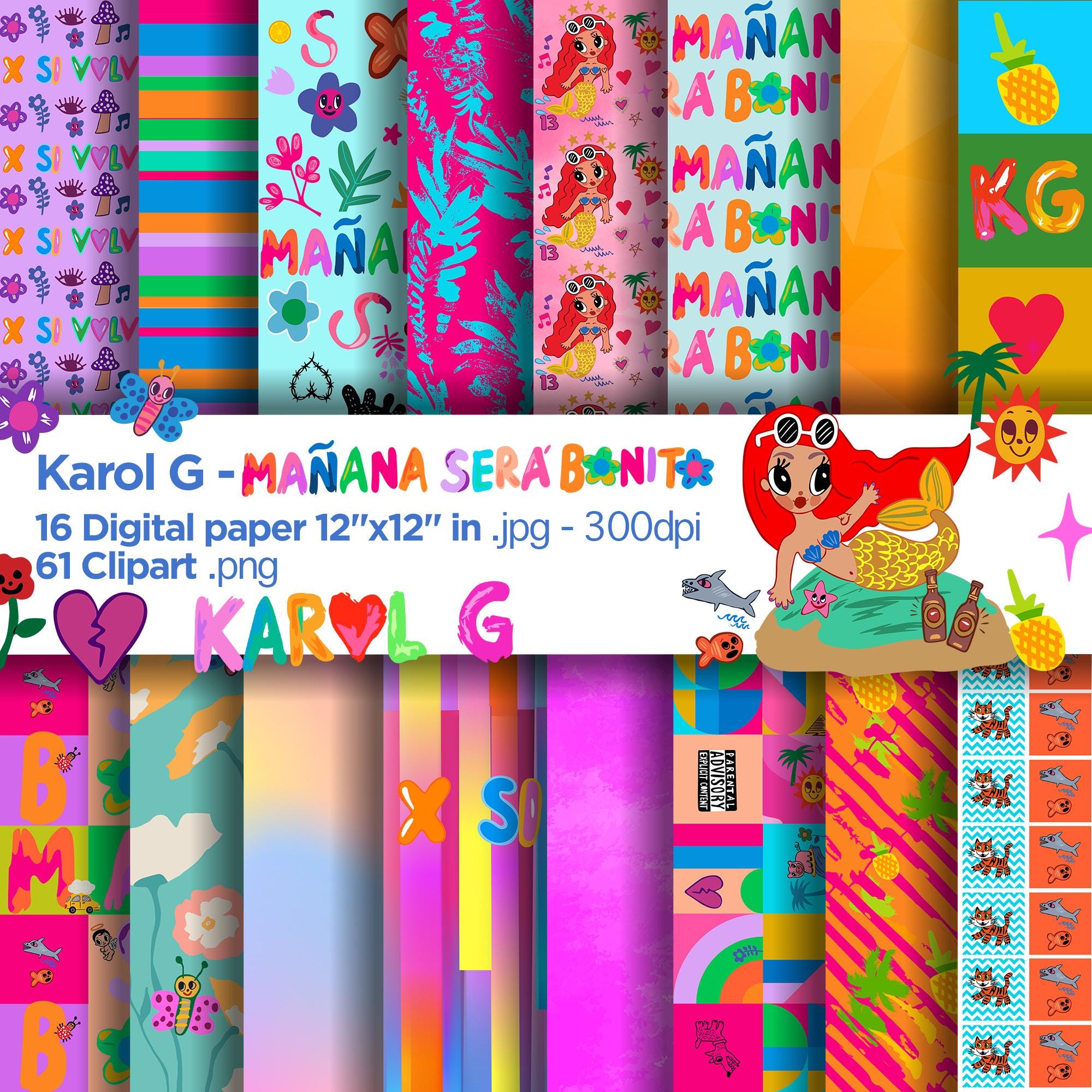 Manana sera bonito Digital Papers, Karol G Backgrounds, mañana sera bonito Papers, Scrapbook, Printable digital paper, tropical, playa