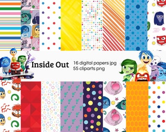 May include: A digital paper pack featuring 16 colorful patterns and 55 clipart images inspired by the movie Inside Out. The patterns include stripes, polka dots, and geometric shapes. The clipart images feature the characters from the movie, including Joy, Sadness, Anger, Fear, and Disgust.