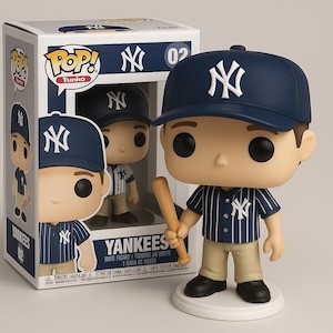 Puede incluir: Una figura de vinilo Funko Pop! de un jugador de béisbol que lleva una camiseta a rayas azules y blancas con el logotipo de los New York Yankees. La figura sostiene un bate de béisbol de madera y lleva una gorra de béisbol azul con un logotipo blanco de los New York Yankees.