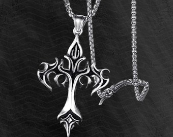Y2K Collar con colgante de cruz de llama estilo vintage Cadena de joyería gótica de acero inoxidable para mujeres y hombres