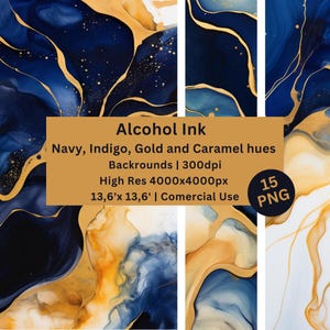 Papel digital com tinta alcoólica, conjunto de 15 PNGs, azul, índigo, azul-marinho, dourado, caramelo, respingos, fundo abstrato, scrapbooking, uso comercial.