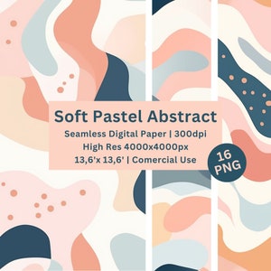 Papel digital abstrato pastel macio, conjunto de 16 papéis naturais sem costura, cores suaves, rosa e azul, padrão de casamento, álbum de recortes, uso comercial.