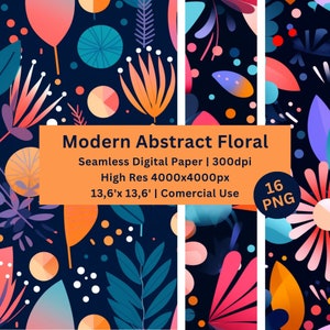 Puede incluir: Un paquete de papel digital con 16 patrones sin costuras que presentan diseños florales abstractos en colores brillantes como rosa, naranja, azul y verde sobre un fondo azul oscuro. El texto "Modern Abstract Floral" se muestra en la imagen.