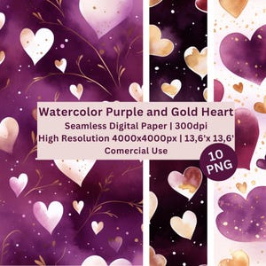 Papel digital aquarela para namorados, conjunto de 10 papéis digitais sem costura, roxo, dourado, amor, romântico, álbum de recortes, uso comercial, diário.