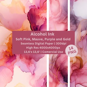 Papel digital com tinta alcoólica, conjunto de 14 PNGs, rosa, malva, roxo, dourado, respingos, fundo abstrato, álbum de recortes, uso comercial, diário.