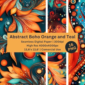 Könnte beinhalten: Ein digitales Papierpaket mit 16 nahtlosen Mustern mit abstrakten orangefarbenen und türkisfarbenen floralen Designs. Die Muster sind in hoher Auflösung, 4000x4000 Pixel, und perfekt für kommerzielle Nutzung.