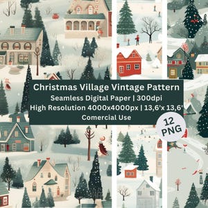 Papel digital de pueblo navideño, juego de 12 patrones navideños sin costuras, colores vintage, Navidad blanca, papel de regalo, clipart de invierno, uso comercial.
