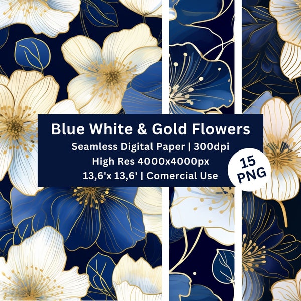 Elegant Floral Background, Set of 15 Watercolor Digital Paper, Deep Blue and Gold Wedding Pattern, White Abstract Art Pattern, Comercial Use