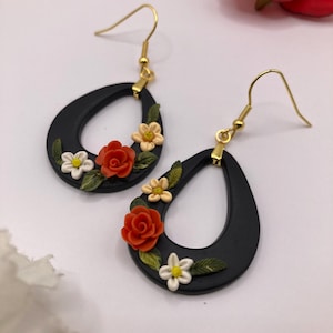 Black Floral Earrings, Polymer Clay Earrings, Teardrop Earrings, Handmade Floral Earrings, Clay Flower Earrings, Gift for Her, Boho Earrings