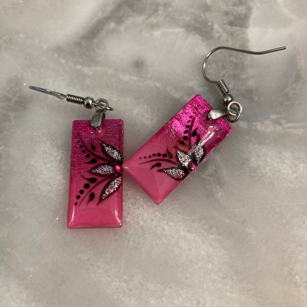 Shimmering Pink Ombre Earrings, Silver Petals, One of a Kind, Hand Painted, UV Resin, Stainless Steel, Hypoallergenic Earring Hooks