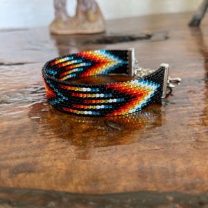 Authentic Cherokee Beaded Bracelet, Off Loom Peyote Stitch Cuff, Fire Pattern Native American Beadwork