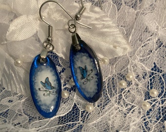 Metallic Blue & White Butterfly Earrings, One of a Kind, Hand Painted, UV Resin, Stainless Steel, Hypoallergenic Earring Hooks