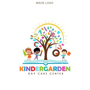 Logotipo de Tres Niños Felices - Logotipo de Preescolar - Logotipo de Guardería - Logotipo de Guardería Infantil - Logotipo de Faith Kids - Logotipo de Tree Sun