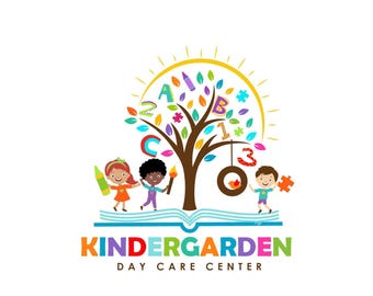 Three Happy Children Logo - Preschool Logo - Daycare Logo - Nursery Logo - Faith Kids logo - Tree Sun Logo