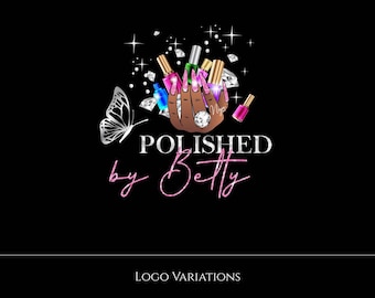Könnte beinhalten: Ein Logo für einen Nagelstudio namens "Polished by Betty". Das Logo zeigt eine Hand mit buntem Nagellack, einen Schmetterling und einen Kreis mit dem Namen des Studios.