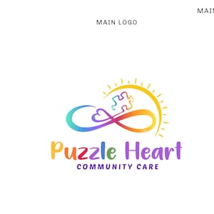 May include: A logo for "Puzzle Heart Community Care" featuring a puzzle piece, infinity symbol, and heart in a gradient of colors. The text "Puzzle Heart Community Care" is below the graphic, with several logo variations.