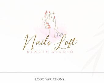 Könnte beinhalten: Ein Logo-Design für ein Nagelstudio namens "Nails Loft Beauty Studio". Das Logo zeigt eine Hand mit rosa Nagellack und goldenem Glitzer, mit dem Text "Nails Loft" in einer kursivschriftlichen Schriftart und "Beauty Studio" in einer kleineren Schriftart darunter.