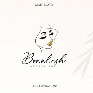 Puede incluir: Un diseño de logotipo para un bar de belleza llamado "Bonnlash Beauty Bar". El logotipo presenta un dibujo de línea de una cara de mujer con pestañas largas y un acento dorado en los labios. El texto "Bonnlash Beauty Bar" está escrito en una fuente cursiva debajo de la imagen.