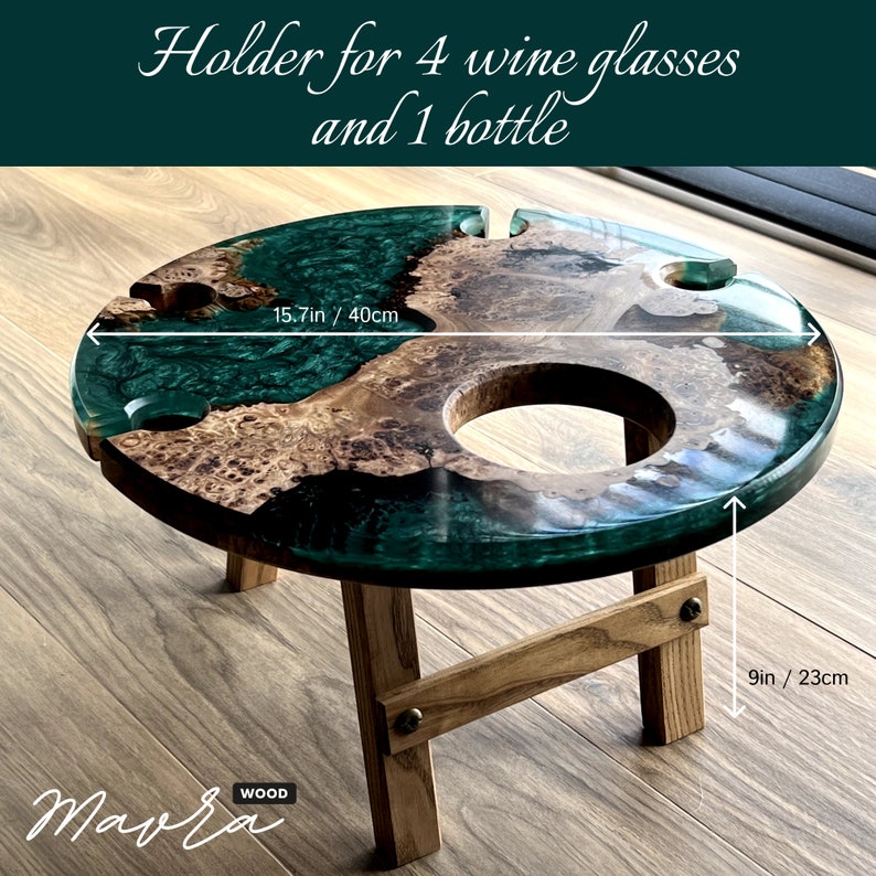 Outdoor Wine Table with Glass Holder Custom Epoxy Resin Coffee & Picnic Tables Handmade Wooden Wine Rack Mother Day Gift zdjęcie 10