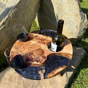 Outdoor Wine Table with Glass Holder Custom Epoxy Resin Coffee & Picnic Tables Handmade Wooden Wine Rack Mother Day Gift Graphite