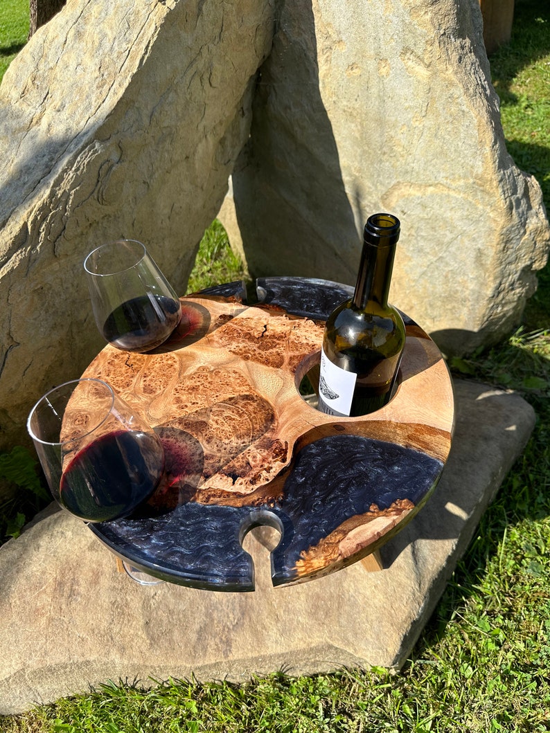 Outdoor Wine Table with Glass Holder Custom Epoxy Resin Coffee & Picnic Tables Handmade Wooden Wine Rack Mother Day Gift Graphite