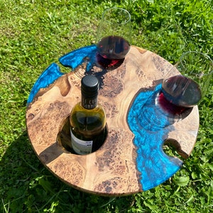 Outdoor Wine Table with Glass Holder Custom Epoxy Resin Coffee & Picnic Tables Handmade Wooden Wine Rack Mother Day Gift Aqua